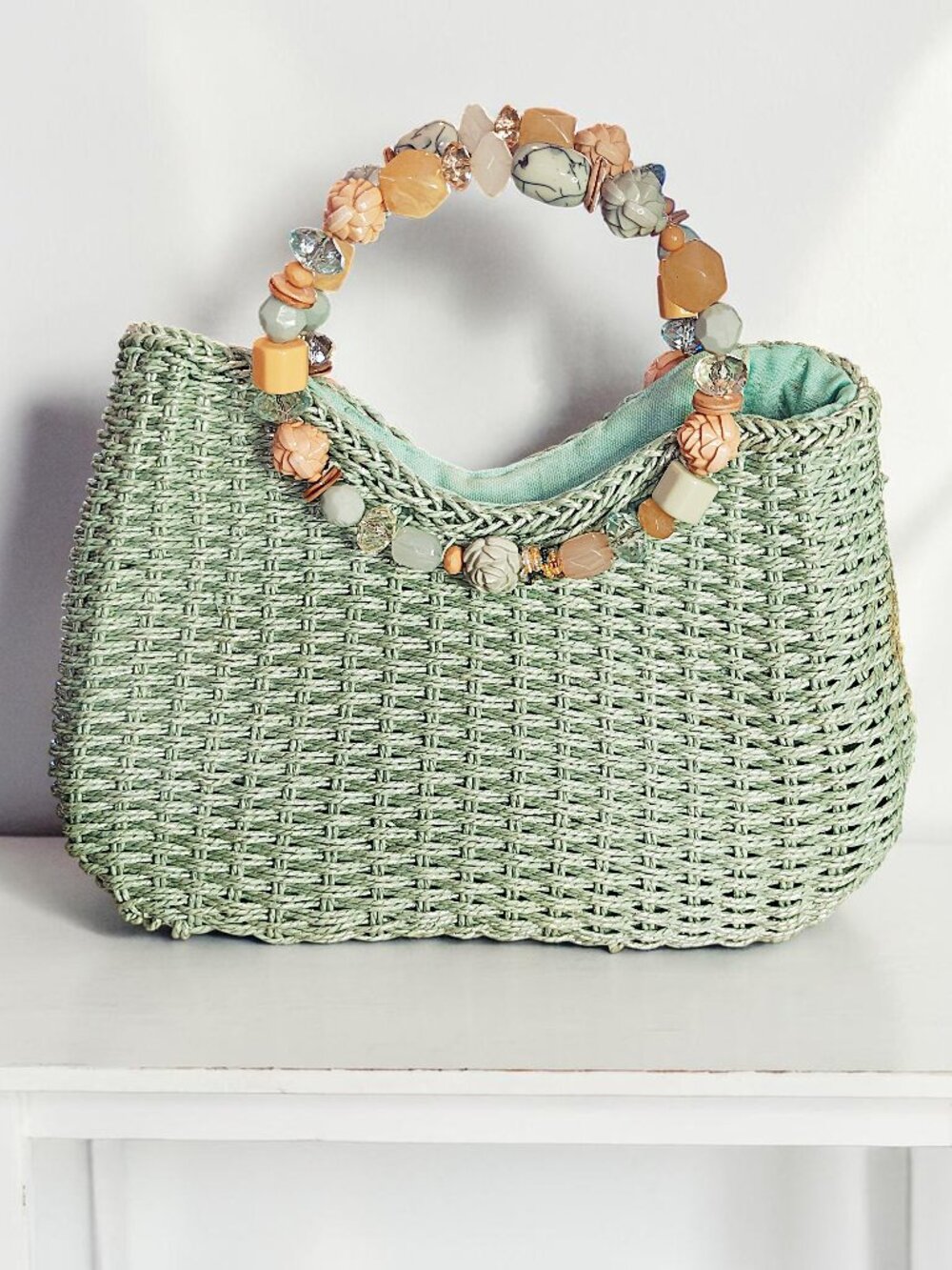 Cappelli Straworld Seafoam Green Straw Woven Handbag Beaded Handle Tote Purse